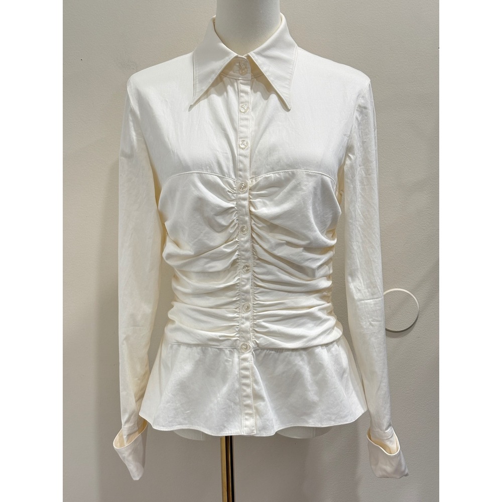 Kay Unger Ivory Ruched Peplum Button Down Blouse 6 Long Sleeve Preppy Old Money